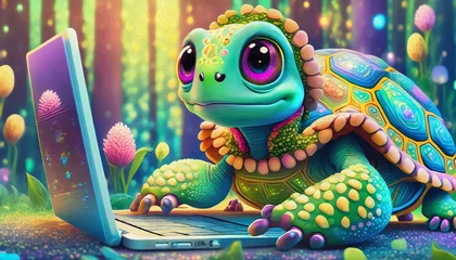 Foto auf Leinwand OIL PAINTING STYLE CARTOON CHARACTER multicolored Close up of baby turtle cartoon character hacker © stefanelo