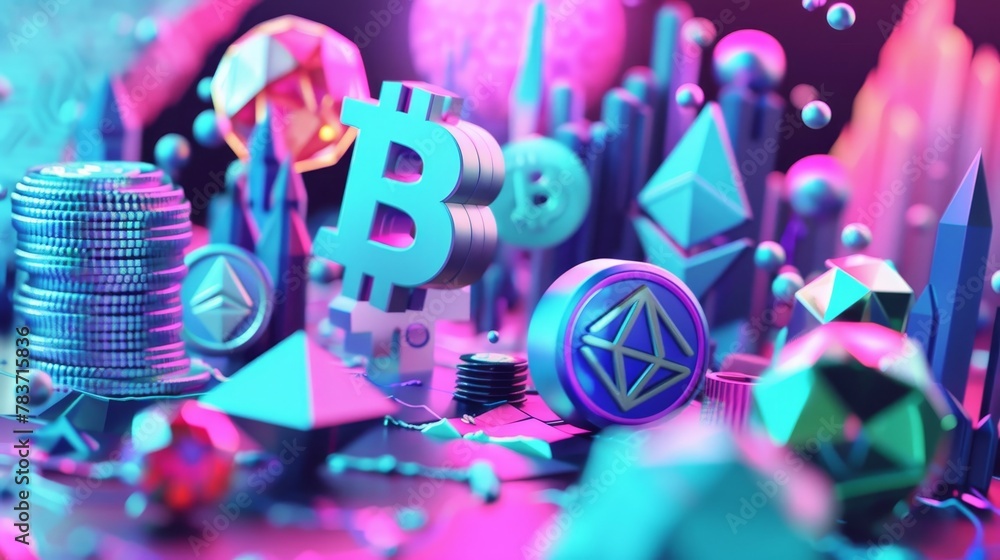 Poster a colorful 3d render of floating objects in a cryptocurrency-themed setting ai generated illustratio