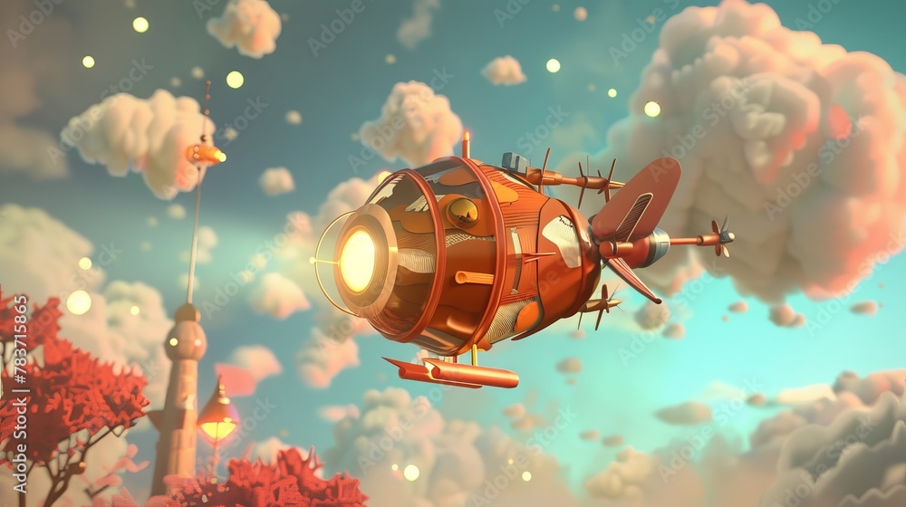 Fototapete a cute 3d rendered flying machine in a dreamy setting ai generated illustration