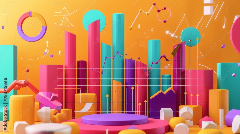 Aufkleber a colorful memphis-style design with d-rendered graphs and trading symbols ai generated illustration