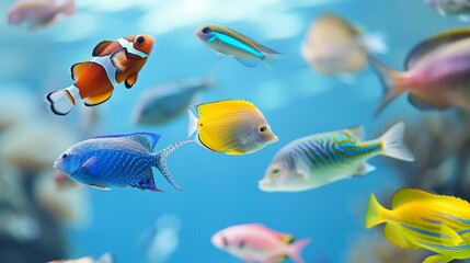 A collection of tropical fish swimming in mid-air   AI generated illustration