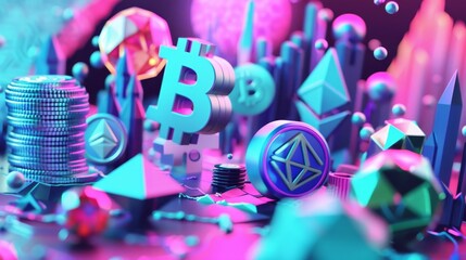 A colorful 3d render of floating objects in a cryptocurrency-themed setting  AI generated illustration