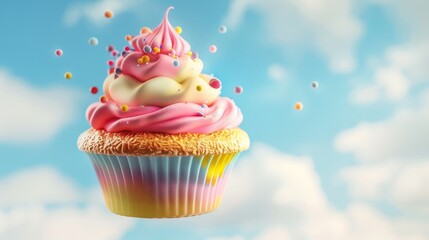 A colorful 3d rendered flying cupcake   AI generated illustration
