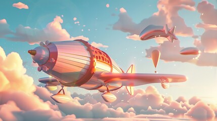 A cute 3d rendered flying machine in a dreamy setting   AI generated illustration - obrazy, fototapety, plakaty