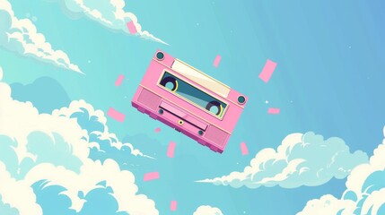 A cute Memphis style flying cassette tape  AI generated illustration - obrazy, fototapety, plakaty