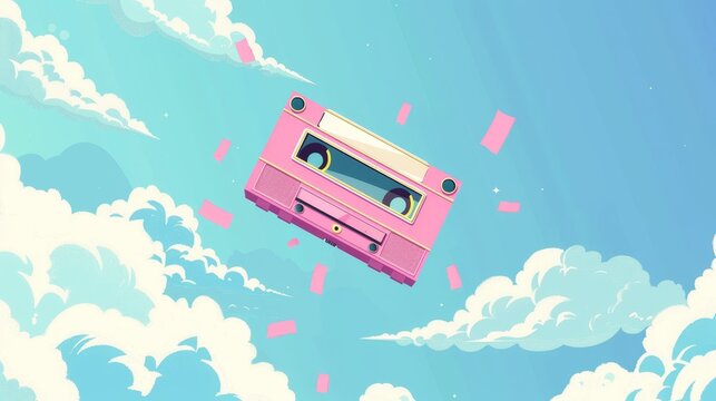 A cute Memphis style flying cassette tape  AI generated illustration