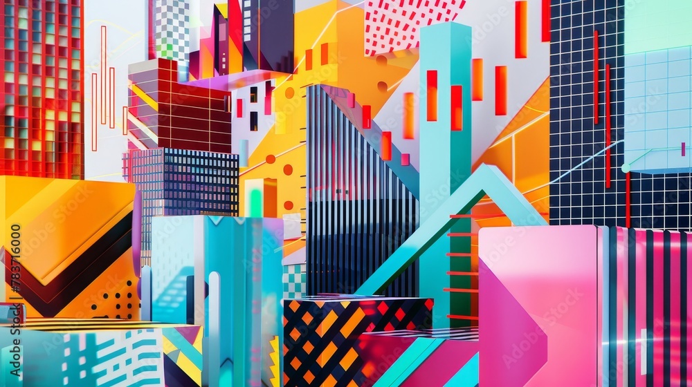Aufkleber a digital artwork incorporating memphis-style patterns and d-rendered financial charts ai generated 