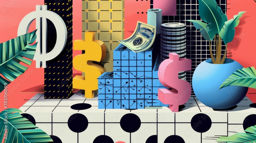 Poster a digital artwork incorporating memphis-style patterns with 3d currency symbols ai generated illustr