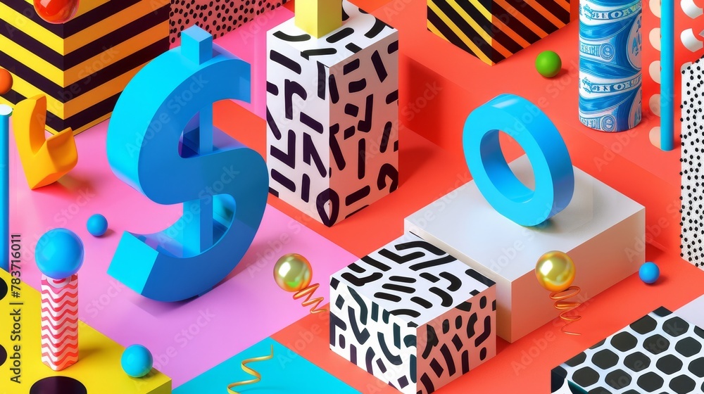 Poster a digital artwork incorporating memphis-style patterns with 3d currency symbols ai generated illustr