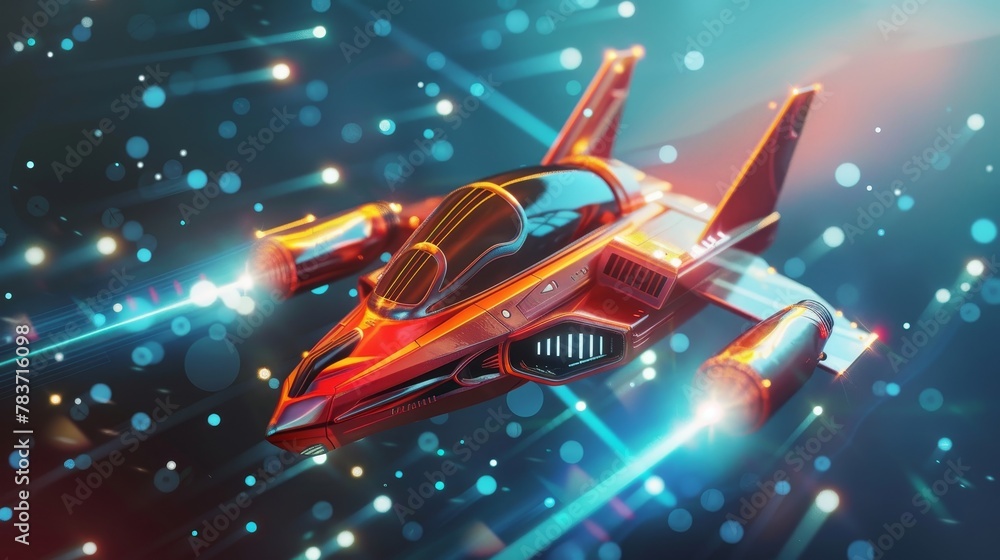 Poster a flying spaceship made of retro arcade game elements ai generated illustration