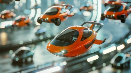 A fleet of tiny cars with wings zooming through the air   AI generated illustration