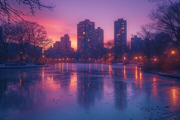 Crystal city at twilight, buildings shimmer with iridescent lights, peaceful ambiance 