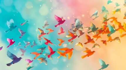 A flock of flying birds in vibrant colors   AI generated illustration