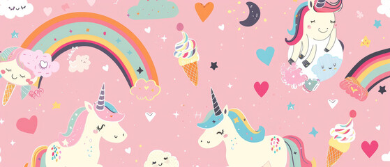 illustration of cute unicorn princess cartoon with rainbow, hearts and ice cream on blue sky stars background created with Generative AI Technology