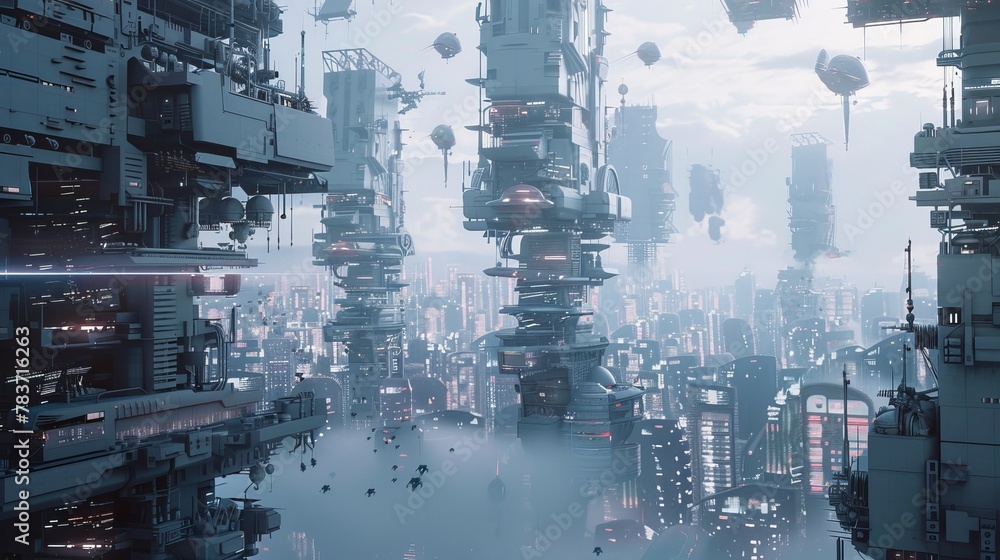 Poster a futuristic cityscape with floating objects ai generated illustration