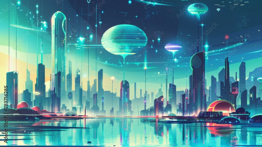 Poster a futuristic cityscape with floating objects ai generated illustration