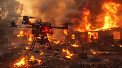Futuristic firefighting drones, battling blazes in high-rise megastructures, heroics  - obrazy, fototapety, plakaty