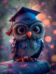 Foto auf Leinwand Celebratory 3D owl graduate, cartoonish and colorful, set against a soft, luminous background © Thanadol