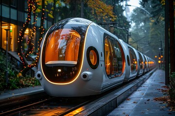 Futuristic urban transport pods, seamless city navigation, clean and efficient - obrazy, fototapety, plakaty