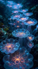 Futuristic underwater farming, glowing algae, and bioluminescent fish, sustainable aquaculture 