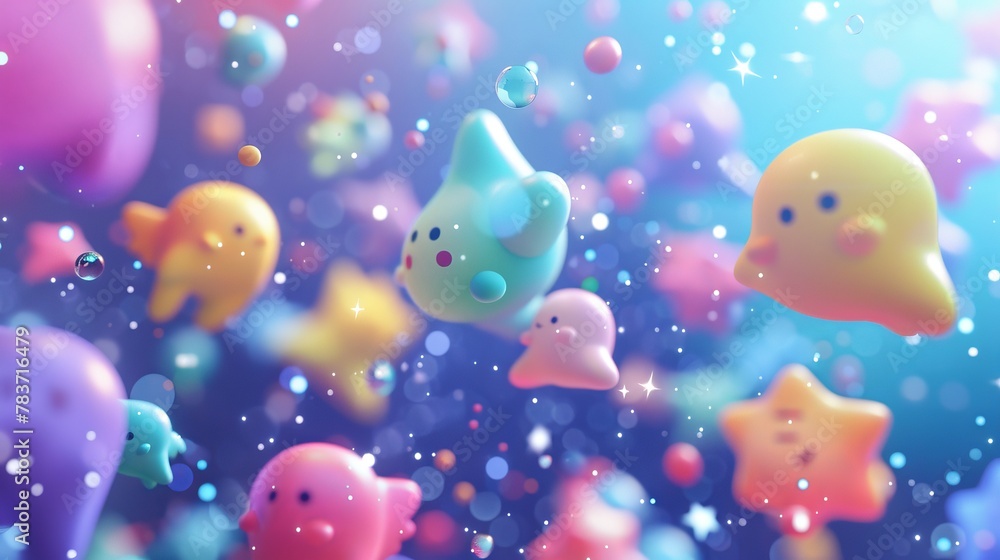 Poster a group of colorful cute 3d objects floating in space ai generated illustration