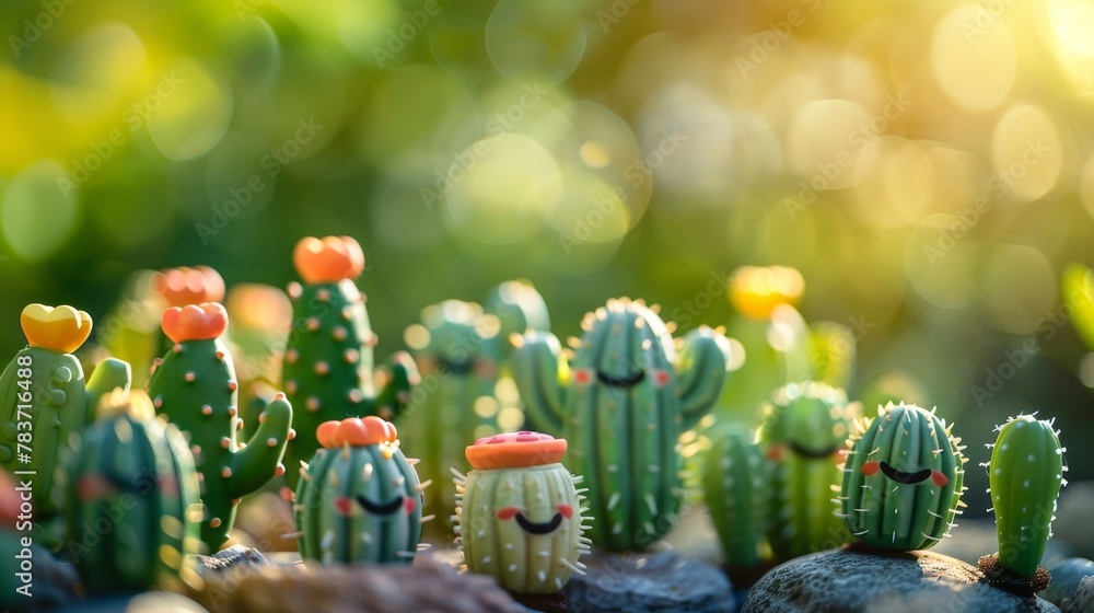 Poster a group of floating cacti with smiling faces ai generated illustration