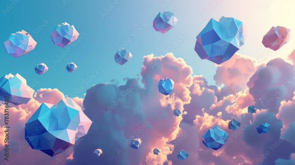 Poster a group of floating clouds with geometric shapes ai generated illustration