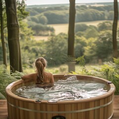 A wooden hot tub sits in a forest with a view of a valley in the distance.
