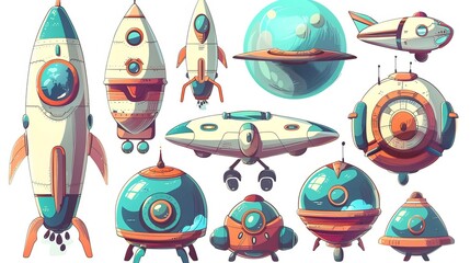 A group of cartoonish isolated flying objects with a retro flair   AI generated illustration