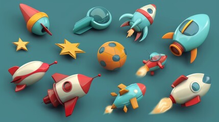 A group of cartoonish isolated flying objects with a retro flair   AI generated illustration