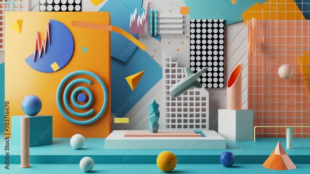 Aufkleber a memphis-style artwork with floating d-rendered financial charts and graphs ai generated illustrati