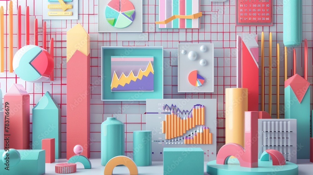 Poster a memphis-style artwork with floating d-rendered financial charts and graphs ai generated illustrati