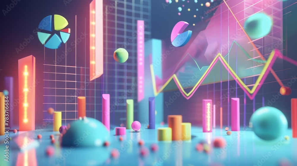 Poster a memphis-style artwork with floating d-rendered financial charts and graphs ai generated illustrati