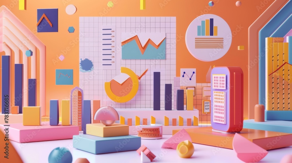 Aufkleber A Memphis-style artwork with floating D-rendered financial charts and graphs   AI generated illustration