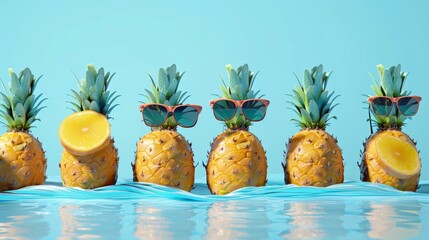 A lineup of floating pineapples with sunglasses on   AI generated illustration