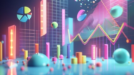 A Memphis-style artwork with floating D-rendered financial charts and graphs  AI generated illustration