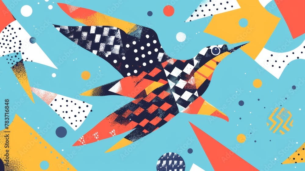 Fototapete A quirky flying character with a playful Memphis style pattern   AI generated illustration