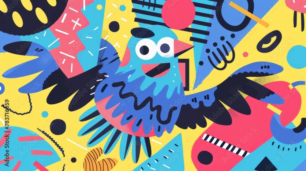 Poster a quirky flying character with a playful memphis style pattern ai generated illustration
