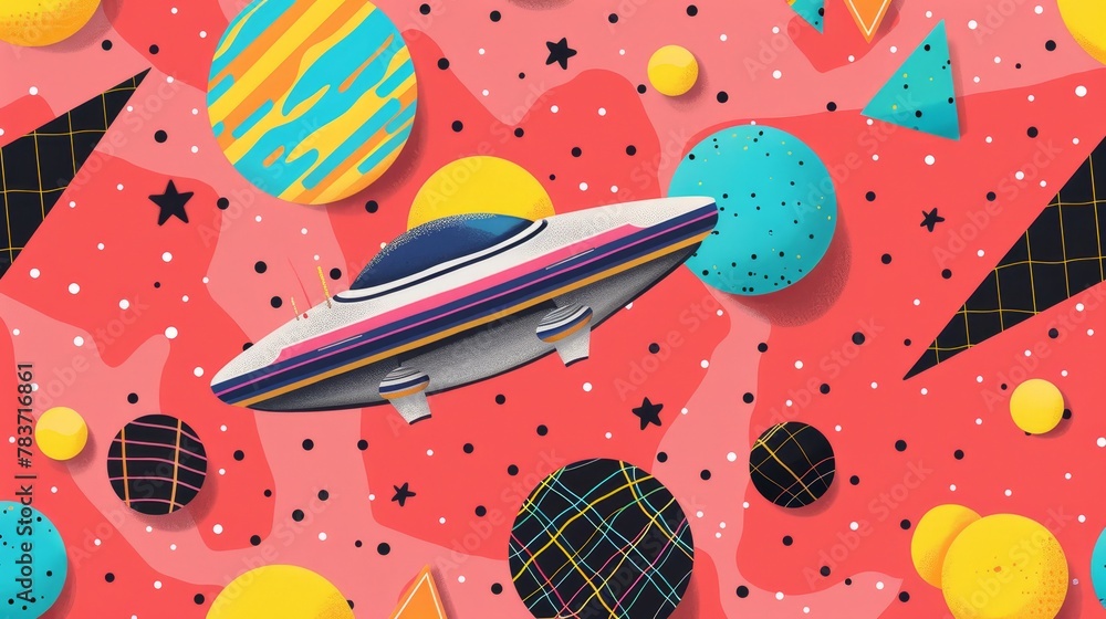 Poster a quirky isolated flying object with a memphis style pattern ai generated illustration