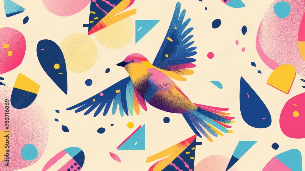 Poster a quirky flying character with a playful memphis style pattern ai generated illustration