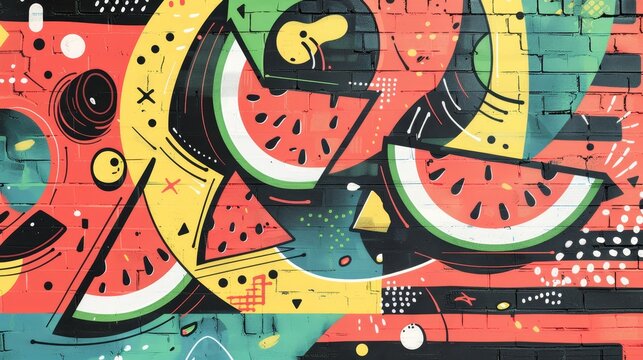 A quirky Memphis style flying watermelon   AI generated illustration