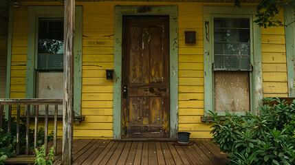 Fototapeta na wymiar Wooden front door of a home. Front view of a wooden front door on a yellow house with reflections in the window and a wide view of the porch and front walkway. Horizontal shot,. Front view 