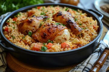 Satisfying Backed chicken rice. Delicious and prepared meal with fresh greens and meat. Generate AI