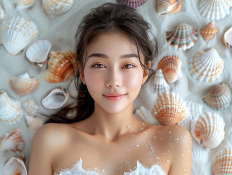 asian beautiful female full body wearing a white swimsuit surrounded by various tiny seashell on white sand background.