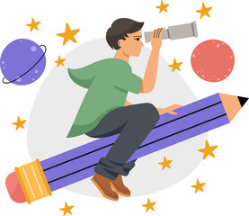 Man flies on pencil in space and looks through binoculars or a telescope. Designer is looking for new ideas for project. Vector illustration with people.