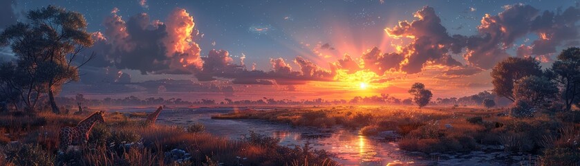 Obraz premium A cybernetic savannah at dawn, with robotic lions and digital giraffes roaming under a holographic sky