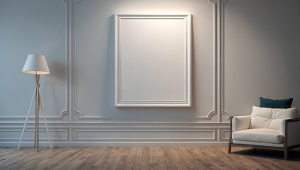 A blank white mockup frame hangs on the wall in a modern interior room design, depicted in 3D render style. illustration generative ai