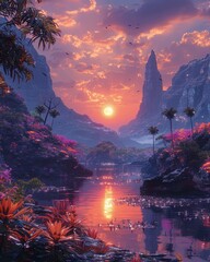 An alien botanical garden on Earth, with exotic flora and fauna from across the galaxy, under a setting sun 