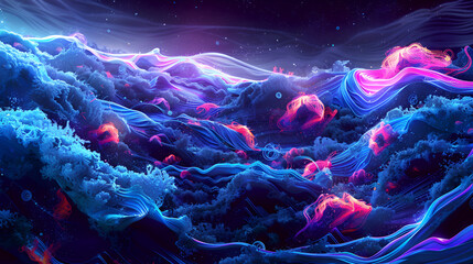  abstract digital particles , Futuristic wave with depth of field and bokeh ,Particles form line and surface grid ,Science fiction background ,Abstract Visualization of Mountainous Terrain with Neon  - obrazy, fototapety, plakaty