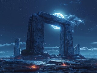 An ancient druid circle activating a portal to other worlds on the solstice, under the glow of a supermoon 